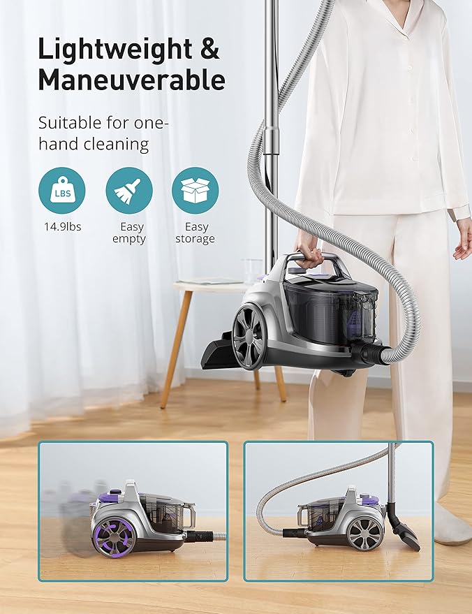 Aspiron Canister Vacuum, Upgraded 1600W Bagless Canister Vacuum Cleaner, Auto Cord Rewind, H13 HEPA Filter, 3.7Qt Large Capacity, 5 Tools for Hard Floors, Carpet, Pet, Upholstery, Tiles, Lilac