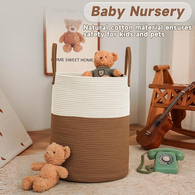 Large Woven Laundry Basket Hamper,100L Cotton Rope Storage Bin for Blankets,Toys and Clothes,Decorative Tall Nursery Hamper for Living Room,Baby Nursery,Bathroom and Bedroom,White and Brown