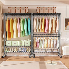 Heavy Duty Rolling Garment Rack 3 Tiers Adjustable Wire Shelving Clothes Rack with Rods and Side Hooks,Storage Closet Clothing Rack with Wheels Black 17.7