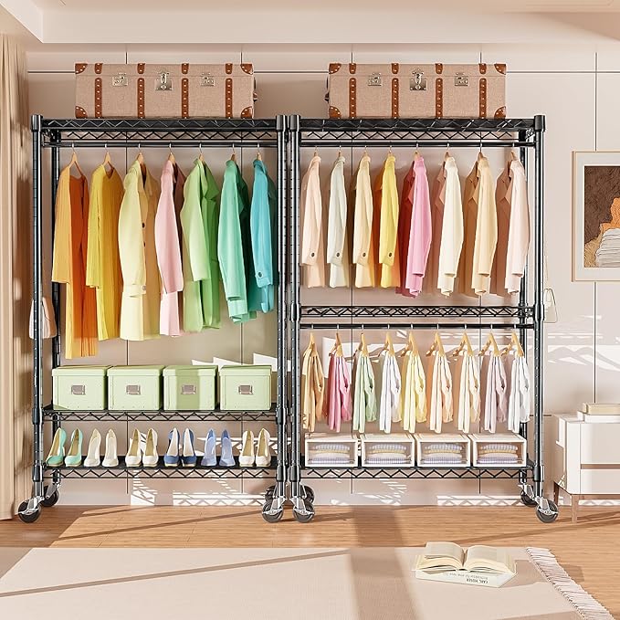 Heavy Duty Rolling Garment Rack 3 Tiers Adjustable Wire Shelving Clothes Rack with Rods and Side Hooks,Storage Closet Clothing Rack with Wheels Black 17.7" D x 47.2" W x 83.6" H