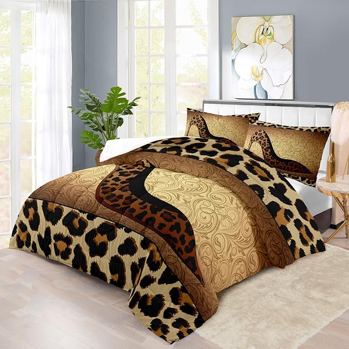Leopard Comforter Set Queen Girls,Sexy High Heel Comforter for Women,Leopard Print Bedding Set Queen Adult,High Heel Quilt Bedroom Decor,African Animal Print Bedding Quilt