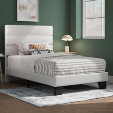 SHA CERLIN Twin Platform Bed Frame with Velvet Upholstered Headboard, Mattress Foundation with Strong Wooden Slats Support, No Box Spring Needed, White