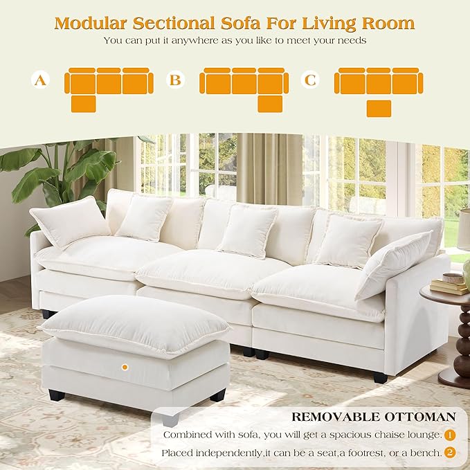 113.4" Modular Sectional Sofa,L Shaped Couch for Living Room,Modern Deep Seat Sofa 3 Seater Chenille Fabric Comfy Cloud Couches with Throw Pillows & Movable Ottoman