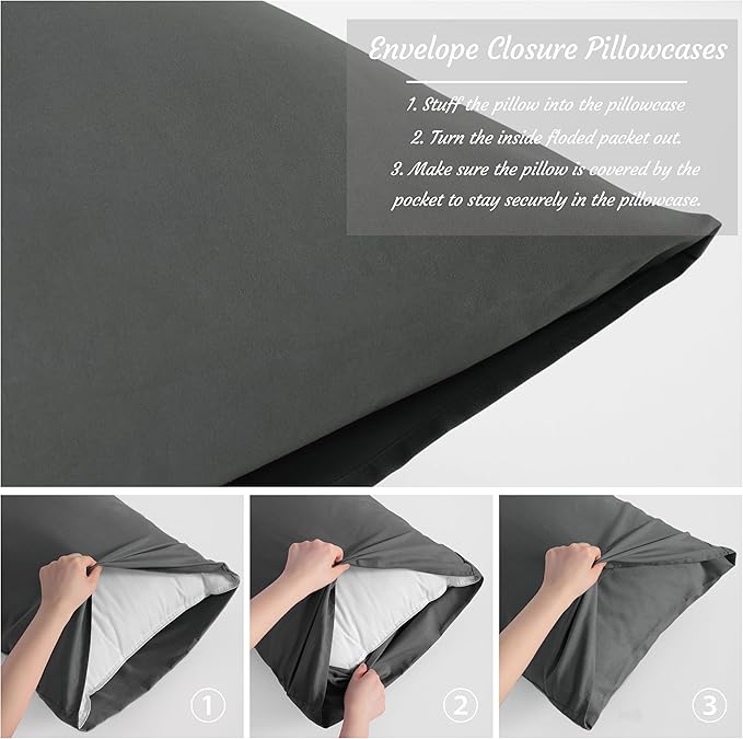 NTBAY Queen Pillow Cases Set of 2, 2 Pack Brushed Microfiber 20x30 Pillow Cases, Soft, Wrinkle, Fade, Stain Resistant Dark Grey Pillow Cases with Envelope Closure, 20x30 Inches, Dark Grey