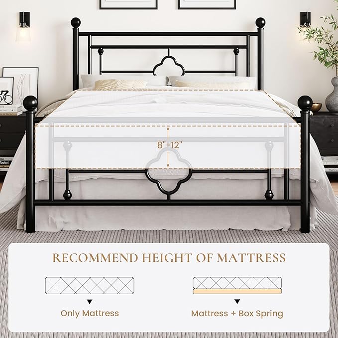 SHA CERLIN 14 Inches Queen Size Metal Platform Bed Frame/Vintage Iron-Art Headboard and Footboard/Mattress Foundation for Storage/No Box Spring Needed/Noise-Free/Easy Assembly/Black