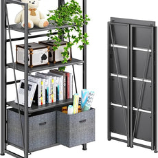4NM No Assembly Folding Bookshelf Storage Shelves 4 Tiers Vintage Bookcase Standing Racks Study Organizer Home Office (All Black)