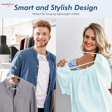 HOUSE DAY White Plastic Hangers 50 Pack, Plastic Clothes Hangers with Built-in Hooks, Durable and Strong Plastic Coat Hangers for Closet, Space Saving Clothing Hanger for Shirts, Coats, Skirt, Dress