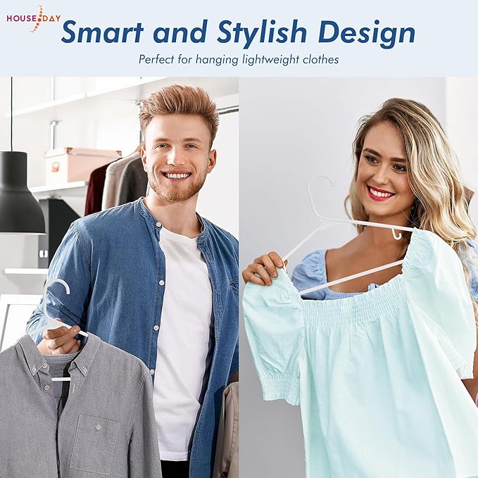 HOUSE DAY White Plastic Hangers 50 Pack, Plastic Clothes Hangers with Built-in Hooks, Durable and Strong Plastic Coat Hangers for Closet, Space Saving Clothing Hanger for Shirts, Coats, Skirt, Dress