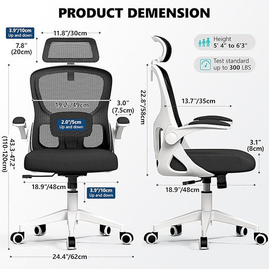 Ergonomic Office Chair - High Back Mesh Computer Desk Chair with Adjustable Lumbar Support & Headrest, Flip-Up Armrests, Tilt Function - Perfect for Gaming, Work, and Study -White