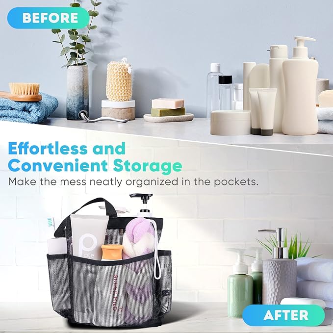 Eudele Mesh Shower Caddy Portable for College Dorm Room Essentials, 8-Pocket Large Capacity Shower Bag for Beach, Swimming, Gym