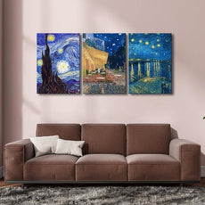 Wieco Art Large 3 Panels Canvas Prints of Vincent Van Gogh Paintings Reproduction Starry Night Over the Rhone Cafe Terrace at Night Canvas Wall Art for Living Room Home Office Decor