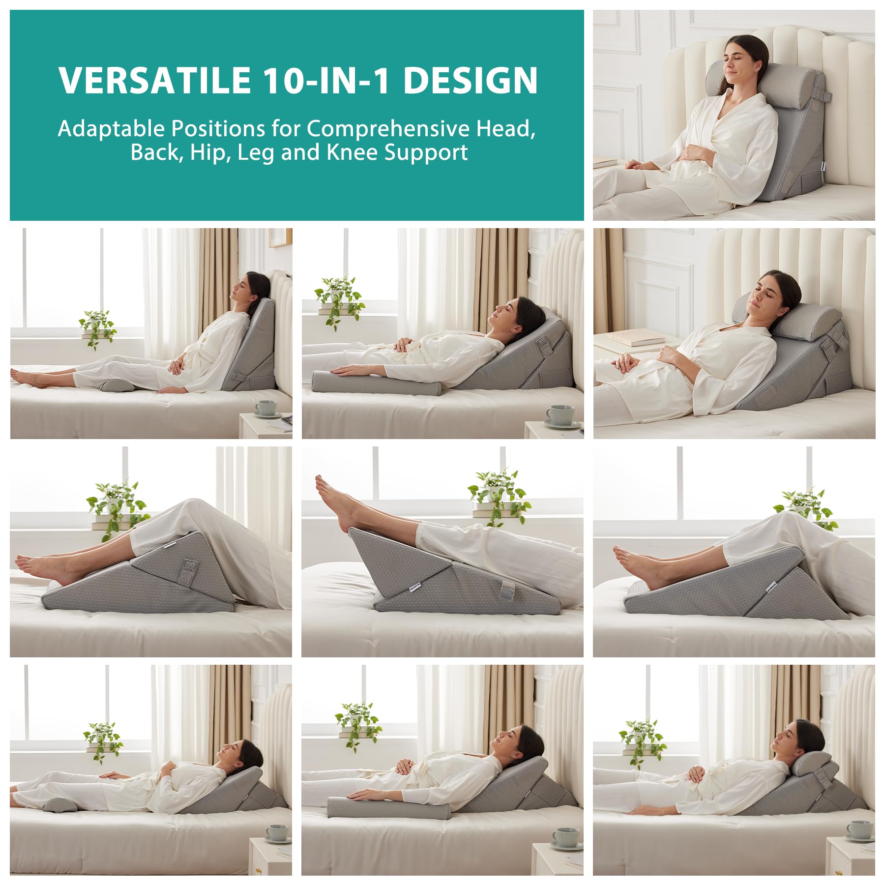Bedluxe Wedge Pillow Headboard, 3PCS Orthopedic Bed Wedge Pillows Set for After Surgery, Adjustable Pillow Wedge for Acid Reflux&Back Pain Relief, Sleeping, Back Pillow for Bed Sitting Up, White/Grey Dormly