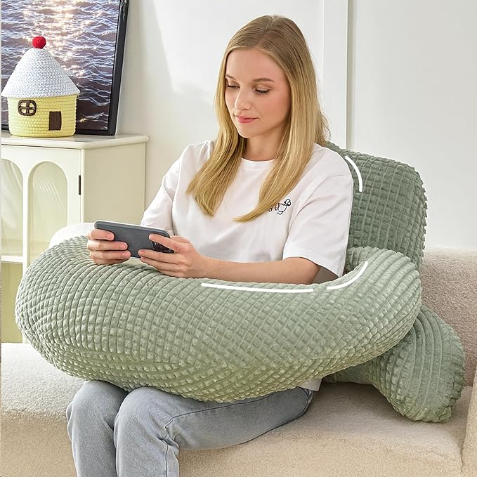 Reading Pillow for Bed,U Shaped & Back Support Pillow for Bed,19" Backrest with Lumbar & Arm Support,Comfy Flannel Fabric,Lap Pillow for Gaming/Reading/Watching TV,Green