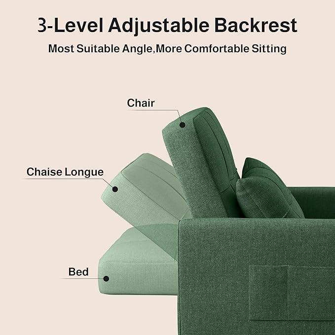 Ahomly Convertible Sleeper Chair Sofa Bed with 3-in-1 Design, Adjustable Backrest, and Storage Pocket for Living Room, Green