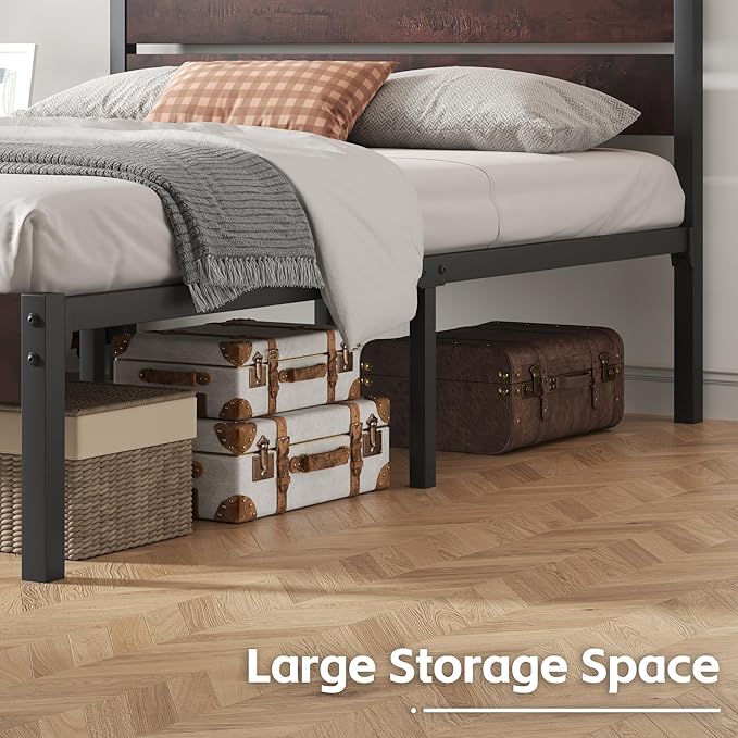 Full Bed Frame with Headboard and Footboard, with Under Bed Storage, All-Metal Support System, No Box Spring Needed, Easy Assembly, Red Brown
