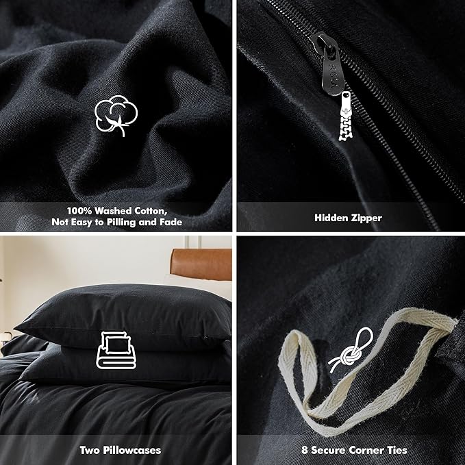 FOSSA Duvet Cover Set 100% Washed Cotton 3 Pieces Bedding Set Twill Soft Cozy Breathable Sturdy Substantial with Textured Weave Solid Black Full/Double