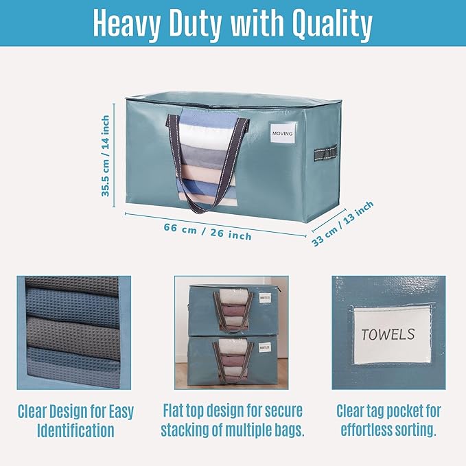 VENO 4 Pack Moving Bags, Christmas Storage Bins, Moving Boxes Alternative, Comforter and Blanket Storage Bags, College Dorm Packing Supplies, Foldable Heavy-Duty Tote (Shiny Light Blue, 4 Pack)