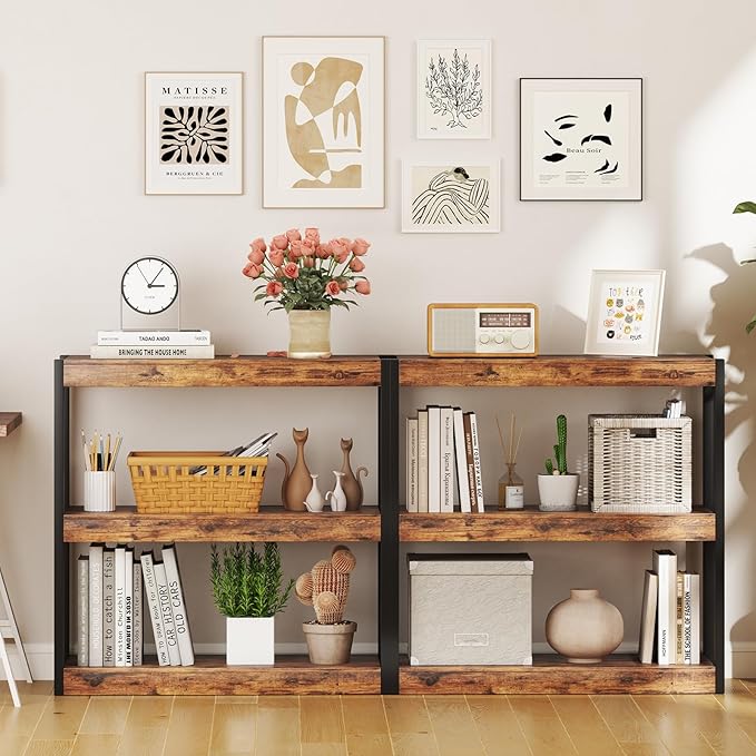 Giantex 3 Tier Bookshelves Set of 2, Freestanding Wooden Bookcase with Dual Anti-Tipping Kits, Open Display Rack Shelving Unit, Storage Organizer for Living Room, Bedroom & Study, Rustic Brown & Black