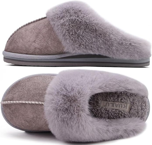 KuaiLu Womens Fluff Dual Memory Foam Slippers Ladies Cozy Arch Support Warm Scuff Slippers Slip on Comfy Winter House Shoes with Non-Slip Indoor Outdoor Hard Sole