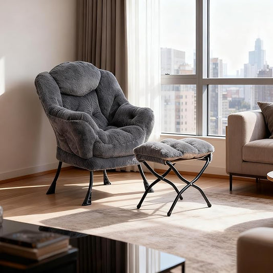 HollyHOME Lazy Chair with Foldable Ottoman, Accent Comfy Lounge Armchair and Folding Footrest Stool, Leisure Sofa Reading Chair and Footstool for Living Room, Bedroom, Dorm,Faux Fur Navy Blue