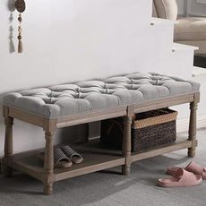 chairus Shoe Rack Bench Storage Vintage Bedroom Padded Bench Seat End of Bed, Fabric Tufted Farmhouse French Entryway Bench with Wood Legs for Hallway Foyer, Gray