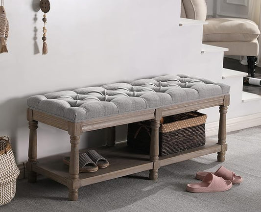 chairus Shoe Rack Bench Storage Vintage Bedroom Padded Bench Seat End of Bed, Fabric Tufted Farmhouse French Entryway Bench with Wood Legs for Hallway Foyer, Gray