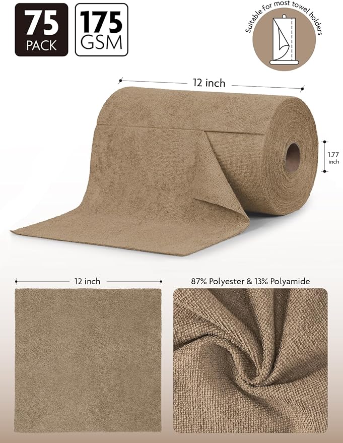 Fantasticlean Microfiber Cleaning Cloth Roll -75 Pack, Tear Away Microfiber Towels, 12" x 12", Reusable, Washable, Scratch Free, Ultra Absorbent for All-Around Cleaning Supplies (TAN)