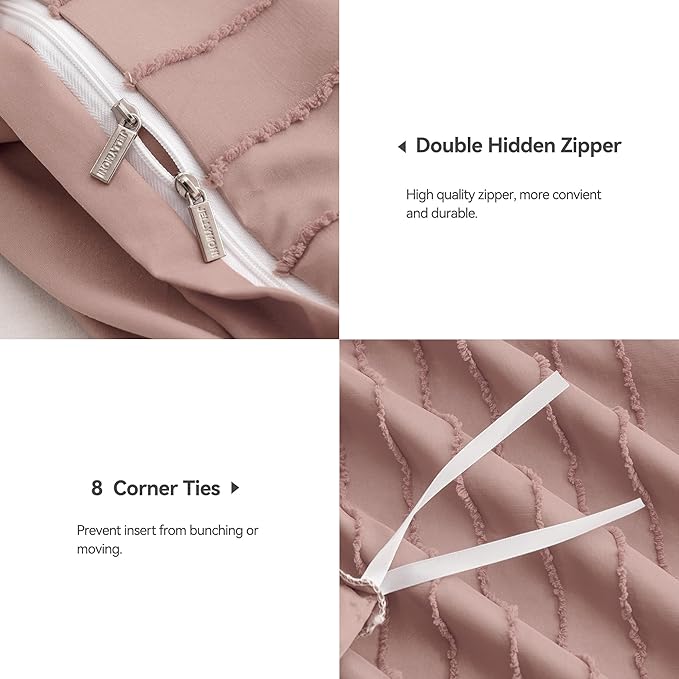 JELLYMONI Duvet Cover Full Size Smokey Pink - 3PCS Boho Striped Duvet Cover Set Polyester Tufted Bohemian Textured Comforter Cover 80×90in with Corner Ties & Zipper and 2 Pillowcases