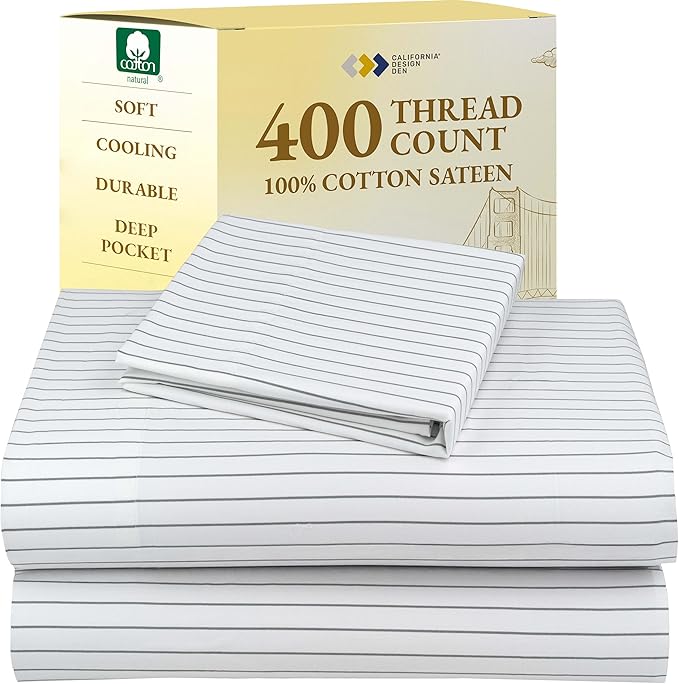 California Design Den Printed Twin XL Sheet Sets - 400 Thread Count Sateen, Natural 100% Cotton Sheets Set, Deep Pockets, and Durable Bedding Set - Pinstriped CaliforniaDesignDen