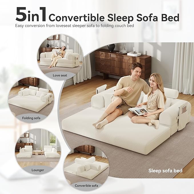 Upgrade High Backrest Design Sofa Bed with Fixed-Shape Frame & Removable Armrests and Backrest, Corduroy Fabric, Convertible Mattress Couch for Small Spaces - No Assembly Neede (High Backrest Beige)