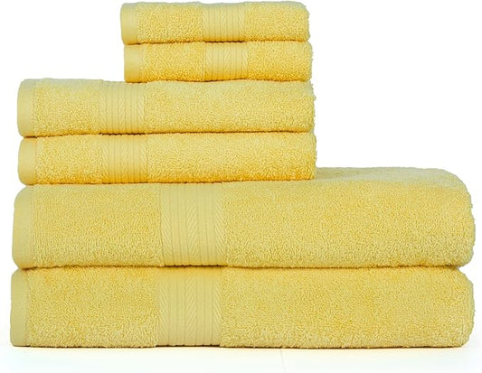 Ample Decor 100% Cotton 6 Piece Bathroom Towels Set, 2 Bath Towels, 2 Hand Towels, 2 Washcloths, Quick Drying - Yellow Towel Sets