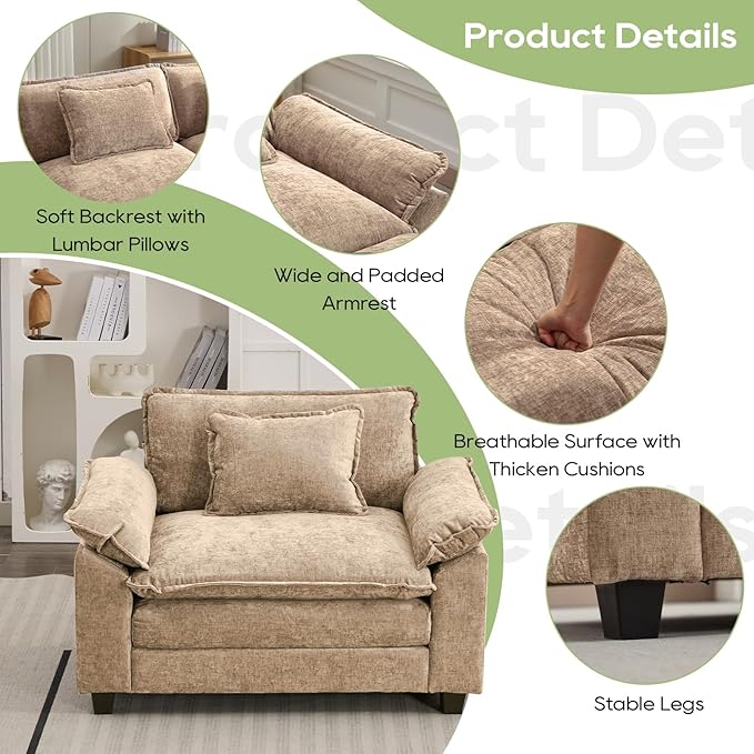 Modular Sectional Sofa, Comfy Cloud Couch Sectional Sofa, Chenille Sofa Sleeper Deep Seat Sofa with Throw Pillows for Living Room (Khaki, 53"- Single Seat)