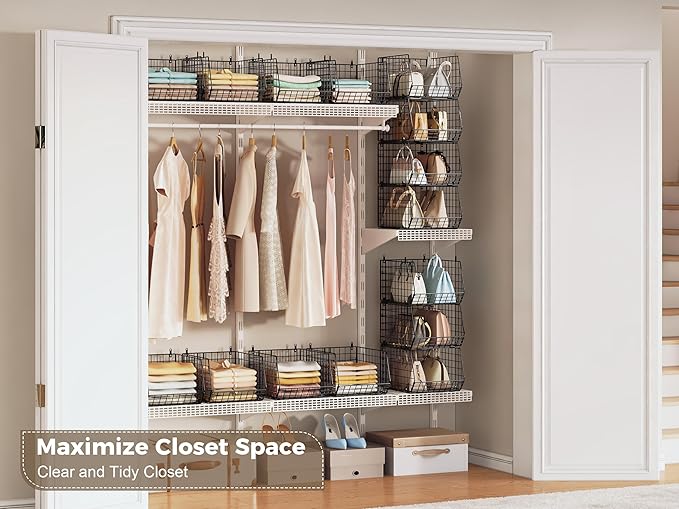 4" Extra Deeper Hanging Closet Organizers and Storage,4 Tier Foldable Wire Cabinet Shelves with 5 S Hooks,Small Metal Basket Bins for Clothes Sweaters Handbags, Wardrobe for Kitchen Laundry Room，Black