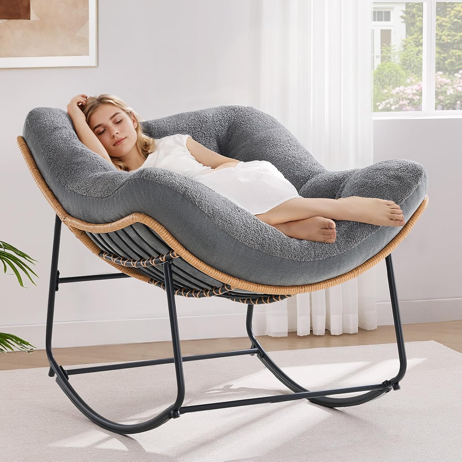 ONBRILL Outdoor Rocking Chairs, Oversized Papasan Rocking Chair Indoors with Padded Cushions, Rattan Wicker Lounge Chair for Living Room, Porch, Patio, Garden, White