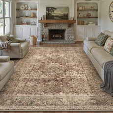 8x10 Washable Area Rug for Living Room Bedroom Rust Vintage Distressed Rustic Large Carpet Non-Slip Low Pile Lightweight Vacuumable Soft Throw Rug for Indoor Dining Room