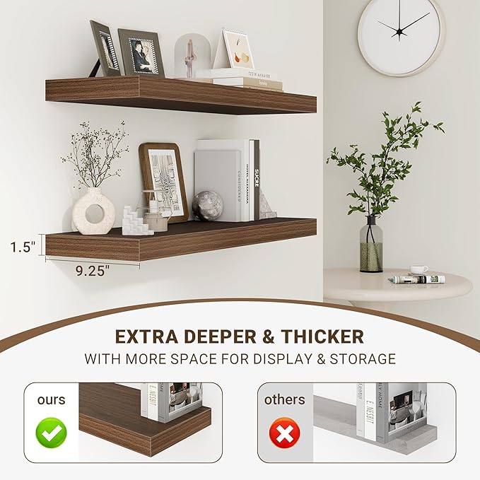 32 Inch Floating Shelves, 3D Textured Wood Grain, 32"x9.25"x1.5" Inch Deep Floating Shelves for Wall, Wooden Shelves for Bathroom, Bedroom, Living Room, Walnut, 2 Pieces