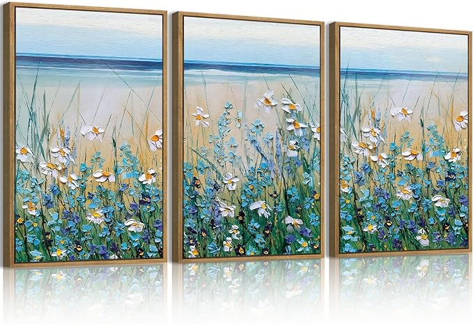 Extra Large Blue Floral Wall Art Framed Artwork for Living Room Bedroom Bathroom Blue Flowers Bloom Painting by The Seaside 24x36 Inches Set of 3