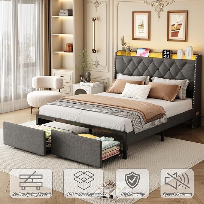 Full Size Bed Frames with Storage Headboard and 2 Drawers, Upholstered Button Linen Platform Bed Frame Full with Led Lights and Charging Station, No Box Spring Needed, Easy Assembly, Noise Free, Gray