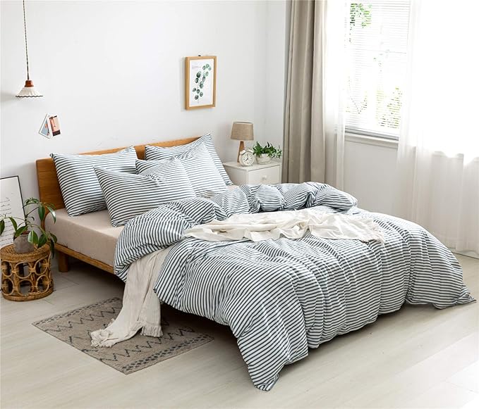 JELLYMONI 100% Natural Cotton 3pcs Striped Duvet Cover Sets,White Duvet Cover with Grayish Blue Stripes Pattern Printed Comforter Cover,with Zipper Closure & Corner Ties(Full Size)