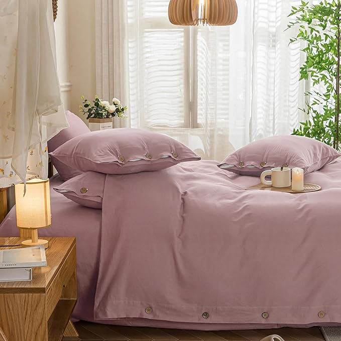 JELLYMONI Cotton Duvet Cover Full Size - Pink Comforter Cover with Button 100% Washed Cotton 3PCS Breathable Soft Solid Bedding Set Duvet Cover 80×90in & 2 Pillowcases (NO Comforter)