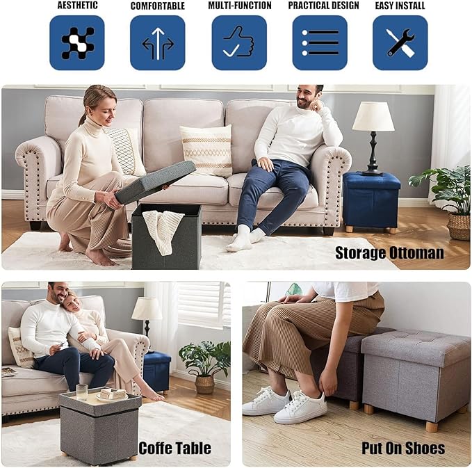 BRIAN & DANY 15 Inches Ottoman with Storage, Square Small Storage Ottoman Foot Rest with Legs, Ottomans Foot Stool for Dorm, Living Room, Entryway (Beige)