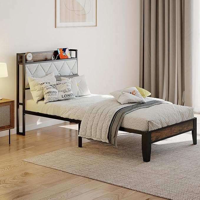 Sweetcrispy Twin Bed Frame with Headboard, Storage Headboard with USB Charging Station, Durable Squeak-Free Frame, Simple No-Tool Assembly,Works with Twin Mattress No Box Spring Needed