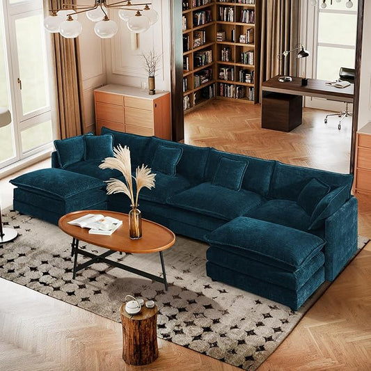 SoarFlash Chenille Sectional Sofa, Comfy L/U Shaped Modular Coush Sofa with Ottoman, Modern 4 Seat Couch Deep Seat Sofa Set for Living Room,Deep Blue