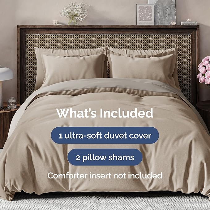 CGK Unlimited Duvet Cover Queen Size Set - Extra Soft Queen Size Duvet Cover 90 x 90 with 2 Pillow Shams - Hotel Quality w/Zipper Closures & Ties - Bedding and Bed Linens Set (Heathered Beige)
