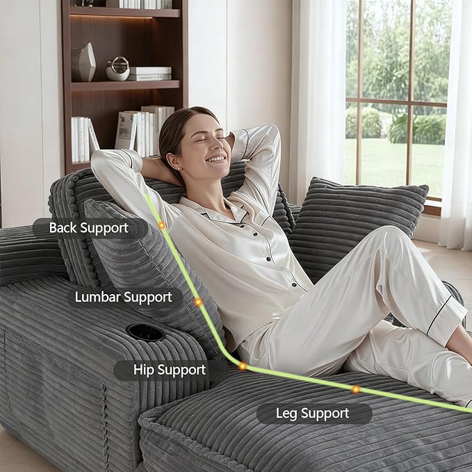 67" Oversized Chaise Lounge Chair Indoor, Soft Boneless Cloud Couch with 3 Pillows, 4 Side Pockets and 2 Cup Holders, Comfy Corduroy Sleeper Couch for Living Room Bedroom, Gray