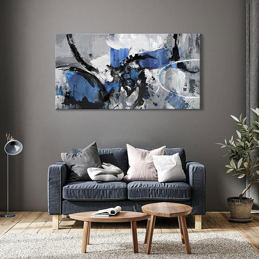 Abstract Canvas Wall Art: Large Wall Art Paintings for Living Room, Modern, Framed Artwork in Blue and Black -Bedroom, and Office Decorations for Work - Pictures for a Stylish Wall Decor
