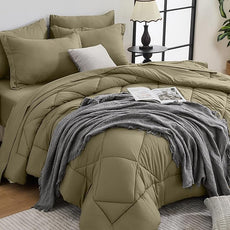 HEVUMYI Olive Green Queen Comforter Set - 7-Piece All Season Bed in a Bag Queen, Ultra Soft Bedding Set with Comforter, Flat Sheet, Fitted Sheet, Pillowcases, Pillow Shams, Olive Green