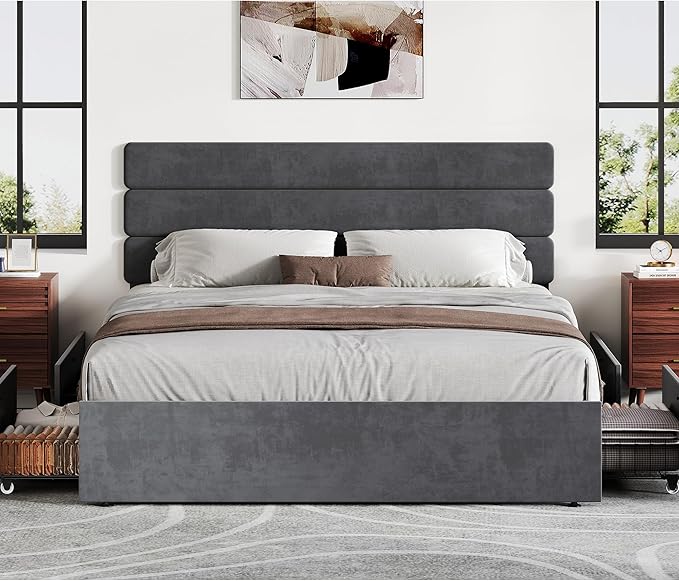WLIVE Queen Size Upholstered Bed Frame with 4 Storage Drawers and Headboard, Velvet Platform Bedframe, Sturdy Metal & Wooden Slats Support, No Box Spring Needed, Easy Assembly, Dark Grey