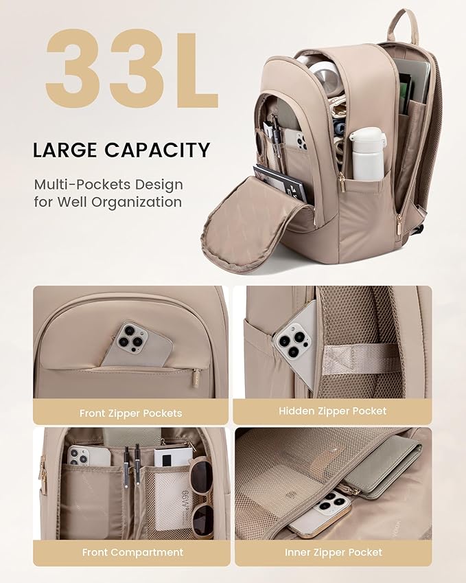 LOVEVOOK 17.3 Inch Laptop Backpack for Women - Work/Business Computer Backpack Purse, Large Capacity Casual Daypack, Travel Bag for Lawyer, Doctor, Teacher, Classic Khaki