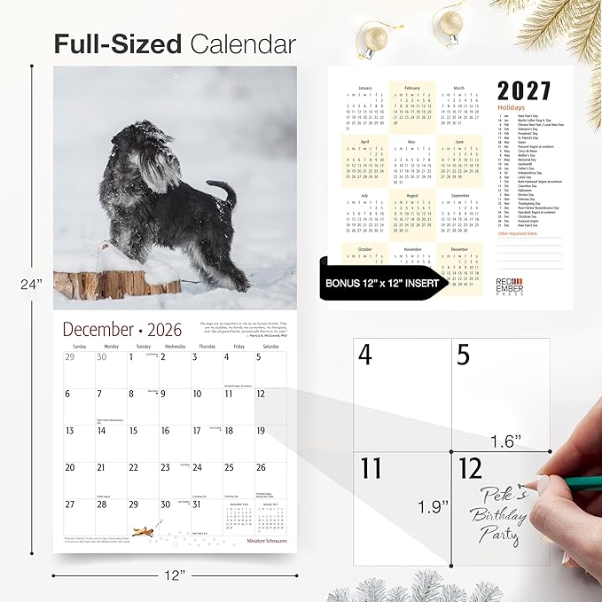 RED EMBER Miniature Schnauzers 2026 Wall Calendar 12 Month | 12" x 24" Open | Thick & Sturdy Paper | Holiday Gift | Cute Puppy Dog Calendar 2026